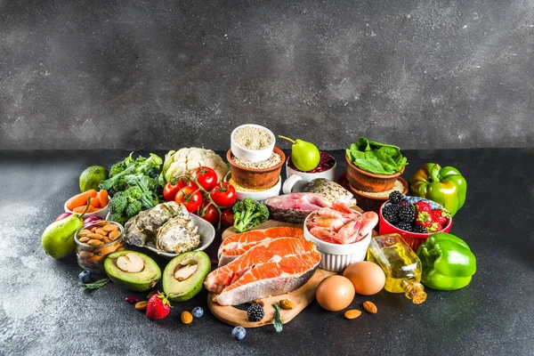 Ingredientes Plano Dieta Pescetarian Alimentos Saudáveis Mercearia Equilibrada Frutas Frescas — Fotografia de Stock