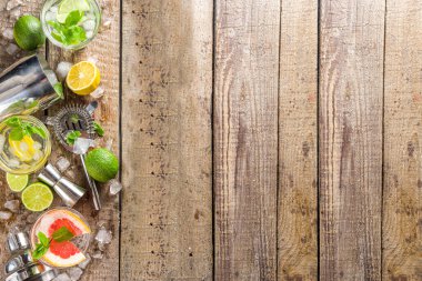 Yaz detoks içeceği konsepti. Citrus meyvesi buzlu içecek. Bar aletleri yapmak için sağlıklı bir diyet kokteyli. Vitamin takviyeli su