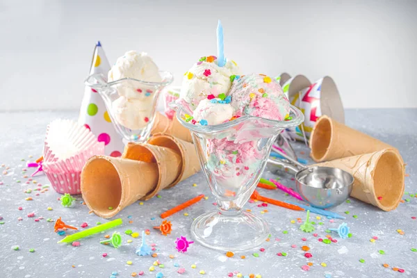 Colorful Birthday Cake Ice Cream Birthday Decoration Ice Cream Waffle — Stock Photo, Image