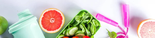 Concept Conditionnement Physique Mode Vie Sain Haltères Régime Alimentaire Fruits — Photo