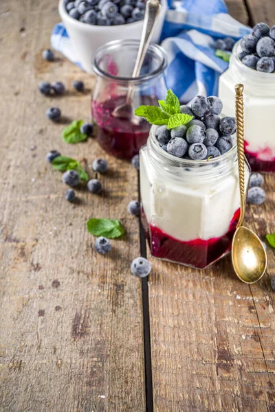 Sweet Healthy Yogurt Blueberry Blueberry Jam Small Portioned Jars Wooden — Stock Photo, Image
