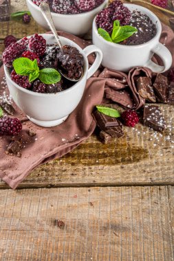 Böğürtlenli ev yapımı çikolatalı kek. Kahvaltı tarifi, sütsüz çikolatalı kek, böğürtlen, şeker tozu ve nane, ahşap kırsal arka plan.