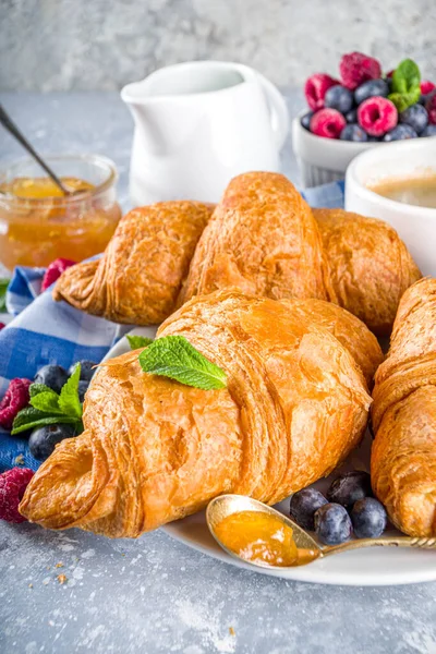 Sweet Breakfast Butter Croissants Coffee Cup Orange Jam Fresh Summer — Stock Photo, Image