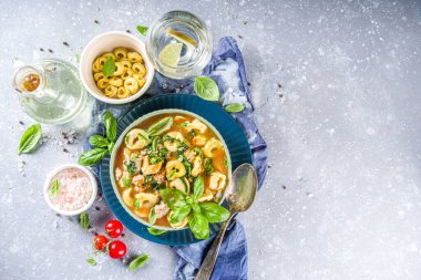 İtalyan mantısı, parmesan peyniri ve sebzeli tortellini makarna çorbası ıspanak, domates, mantar ve fesleğen.