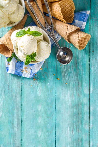 주머니에 바닐라 아이스크림볼 집으로 가져간다 아이스크림 원추형 숟가락을 사용하여 식탁에 — 스톡 사진