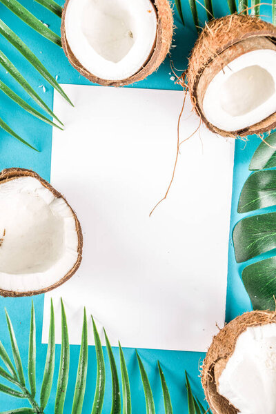 Tropical summer background with tropical palm leaves and coconuts, trendy turquoise, aquamarine background flatlay copy space