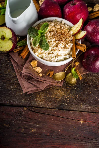 Heißes Herbstfrühstück Oder Mittagsbrei Oder Pudding Mit Apfel Und Gewürzen — Stockfoto