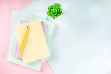 Pastel renkli çalışma alanı düzlüğü, asgari iş yeri veya okul çalışma masası, kalem, kalem ve defterlerle, pastel kırtasiyeli yaratıcı düz yatak. Kopyalama alanı olan üst görünüm