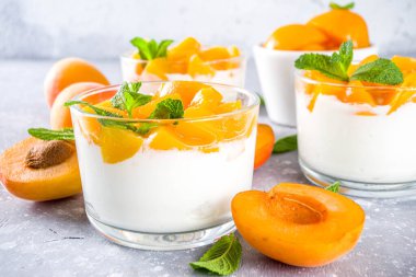 Yaz kahvaltısı tatlısı. Kayısı dilimleri ve naneli yoğurt ve sağlıklı tatlı. Sağlıklı beslenme, vitamin zengini tatlı yiyecekler, gri kayısı arka planında taze kayısılar, kopyalama alanı.