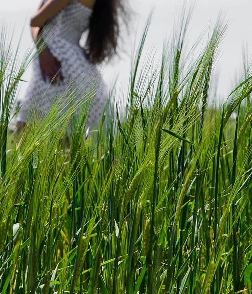 녹색 잔디의 배경에 흰색 드레스에 여자 — 스톡 사진