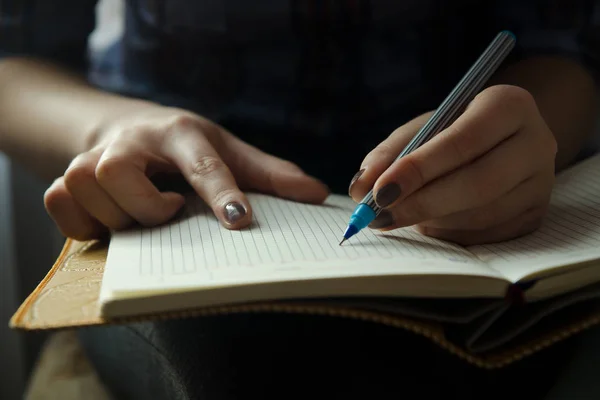 Bir kız ona kucak ve yazma bir defter tutuyor