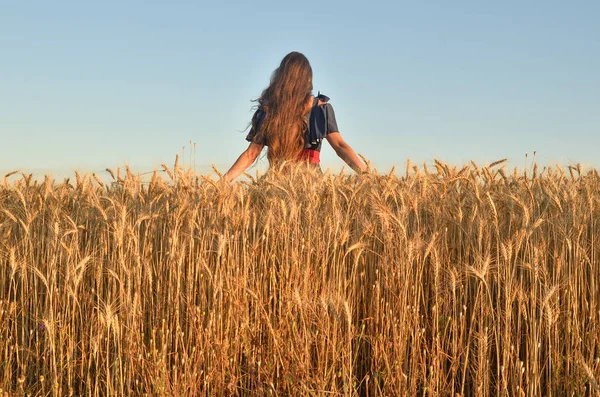 A menina fica na parte de trás do campo para a câmera — Fotografia de Stock