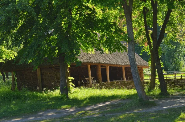 Antiguo granero de madera inclinado con un techo de paja — Foto de Stock