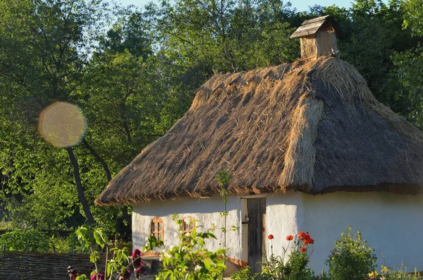 Hermosa cabaña de arcilla ucraniana con un techo de paja — Foto de Stock