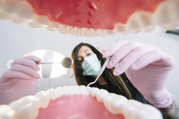 Ο οδοντίατρος εξετάζει ασθενή δόντια, μέσα στο στόμα προβολή. — Φωτογραφία Αρχείου