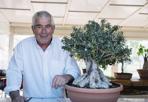 Feliz hombre mayor cuidando de la planta de bonsái — Foto de Stock