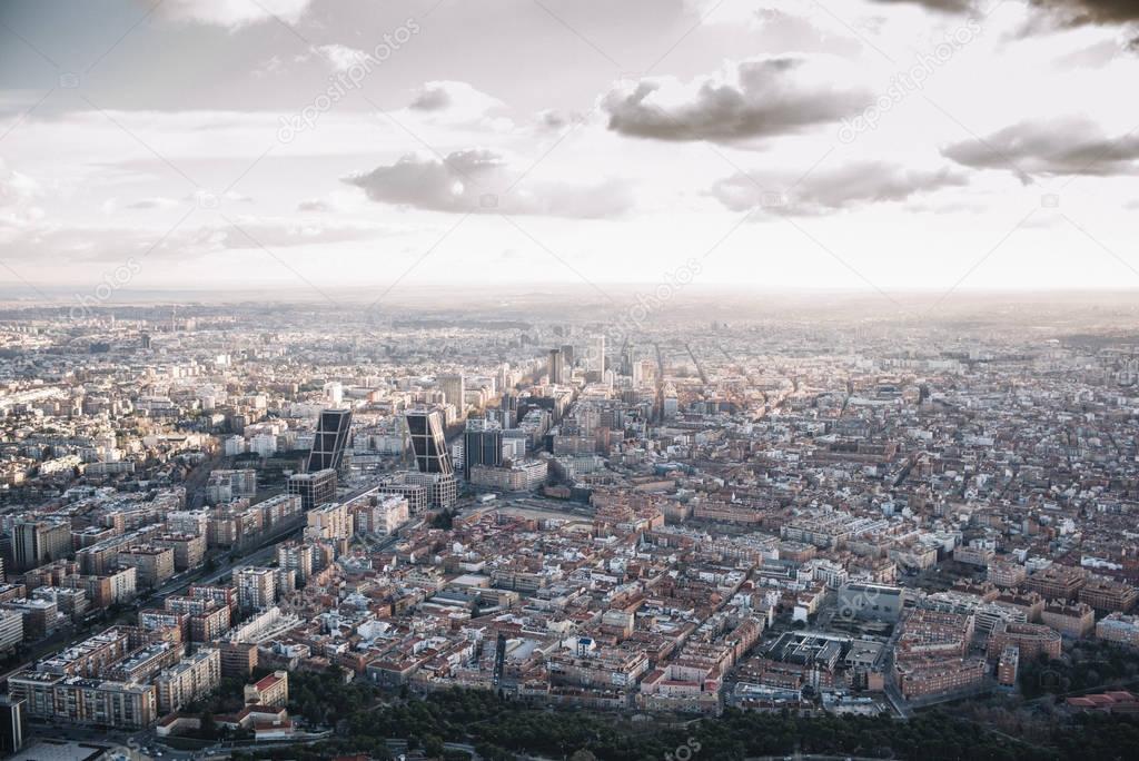 Madrid Skyline at sunset with some emblematic buildings such as 