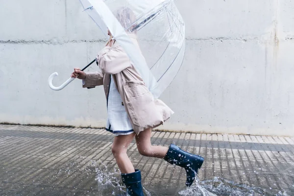 little girl with blue eyes  and big clear umbrella.