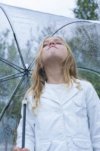 Little girl with blue eyes  and big clear umbrella. — Stock Photo, Image