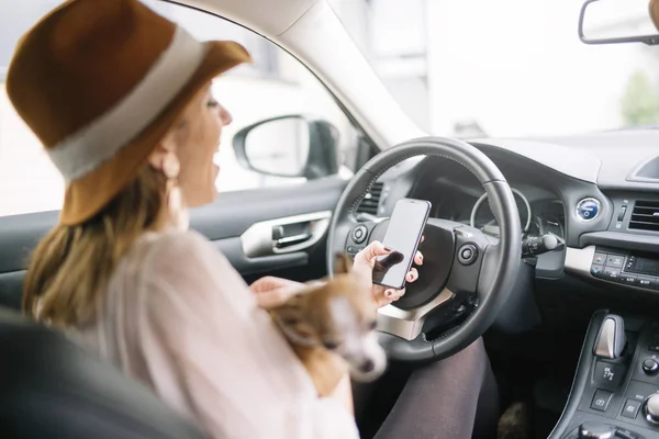 Krásná mladá žena pomocí svého mobilního telefonu v autě s ch — Stock fotografie