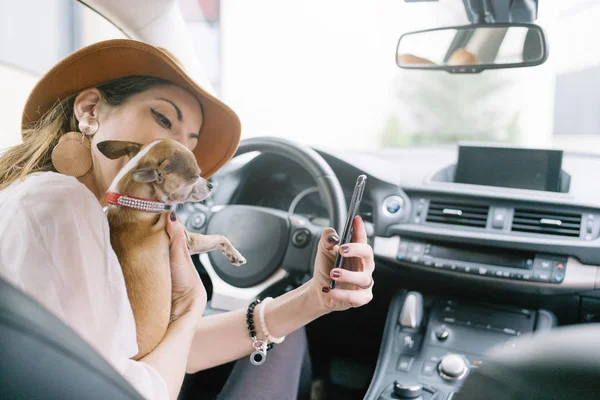Krásná mladá žena pomocí svého mobilního telefonu v autě s ch — Stock fotografie