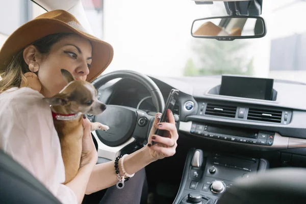 Krásná mladá žena pomocí svého mobilního telefonu v autě s ch — Stock fotografie