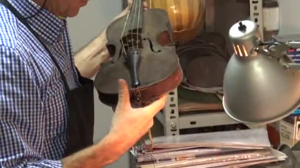 Mann Arbeitet Einer Werkstatt Mit Musikinstrumenten — Stockvideo