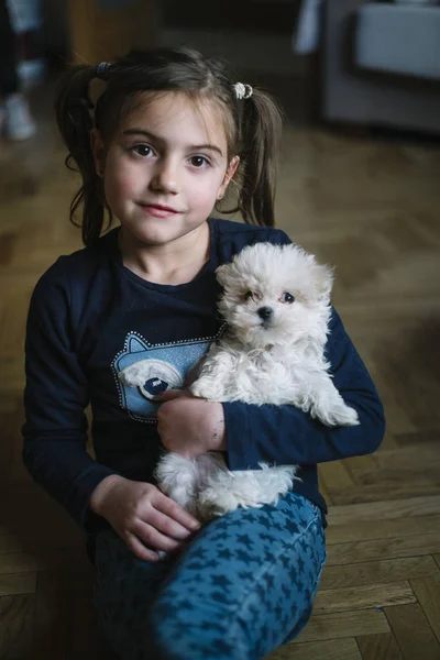 Kleine jongen liggend met witte hond — Stockfoto