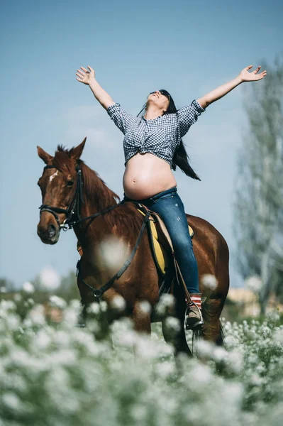 Donna incinta con cavallo nel campo verde — Foto Stock