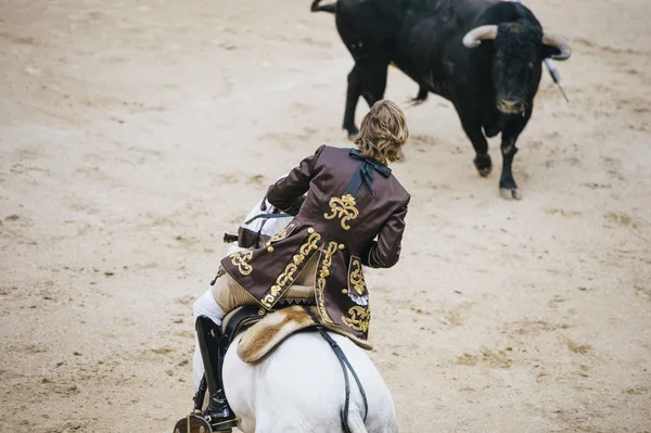 Corrida. Matador e cavalo Lutando em uma típica tourada espanhola — Fotografia de Stock