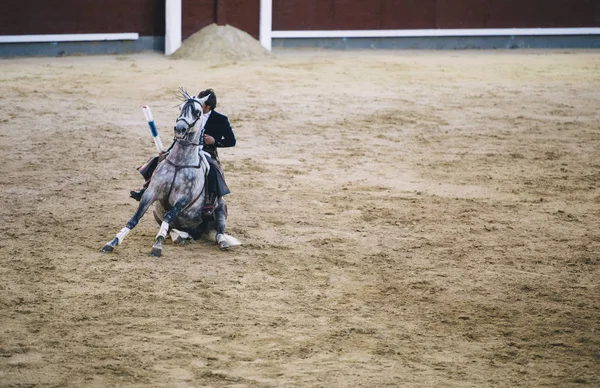 Corrida. Matador och häst slåss i en typiskt spanska tjurfäktning — Stockfoto