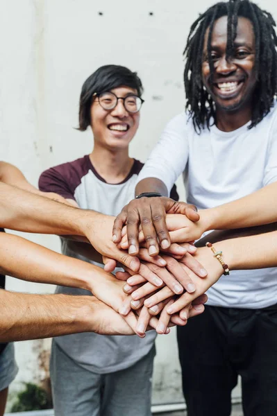 Different People Putting Hands Stack Smiling — Stock Photo, Image