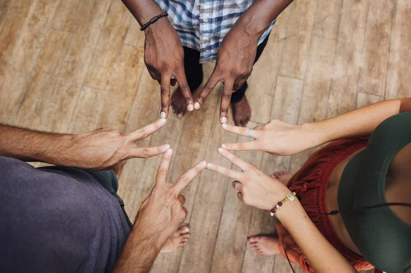 Different People Putting Hands Star Shaped Pile — Stock Photo, Image