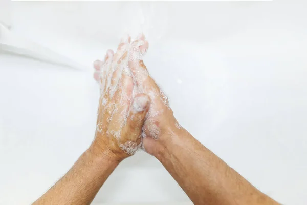 Lavar Mãos Esfregando Com Homem Sabão Para Prevenção Vírus Corona — Fotografia de Stock