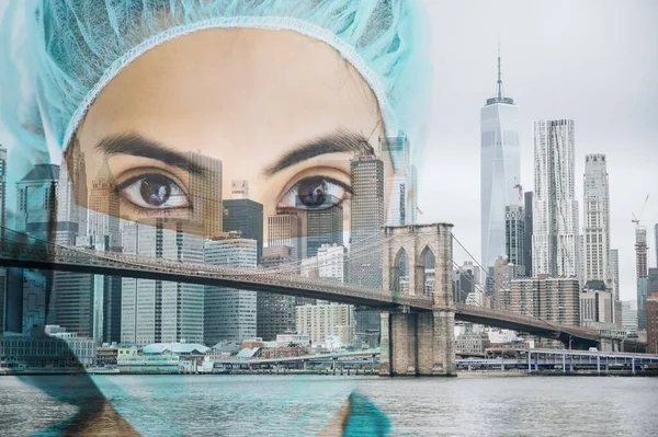 New York City with transparent female nurse - coronavirus usa concept