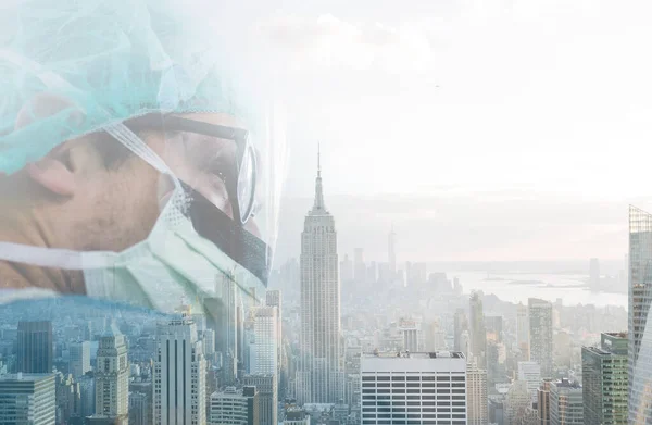 New York City with transparent male doctor - coronavirus usa concept