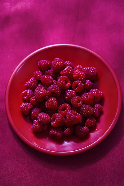 Raspberries on red plate Royalty Free Stock Photos