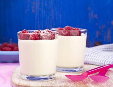 Panna cotta ahududu pembe bir arka plan üzerinde 