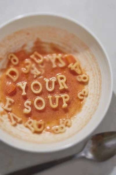 Pasta tomatensoep met schrijven: uw soep — Stockfoto