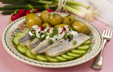 Bebek patates ve salatalık salatası ile ringa balığı