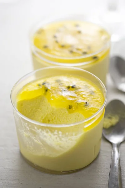 Mango mousse with passionfruit jelly dessert