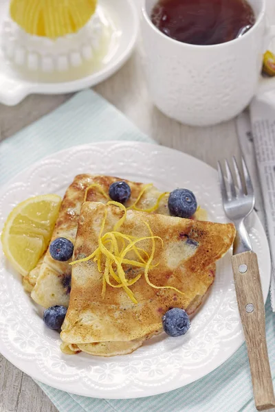 Blueberry lemon pancakes breakfast — Stock Photo, Image