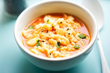 Ev yapımı domates çorbası erişte - geleneksel Lehçe çorba döktü. 