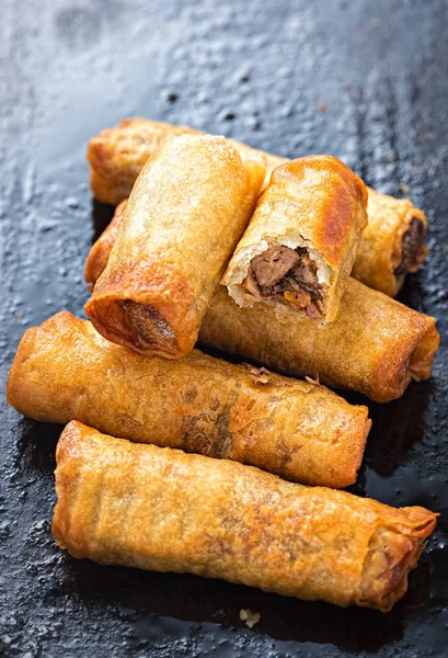 Crisp duck spring rolls. Filled with oriental vegetables, duck and hoisin sauce