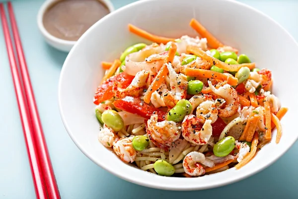 Crayfish edamame carrot noodle salad with dressing