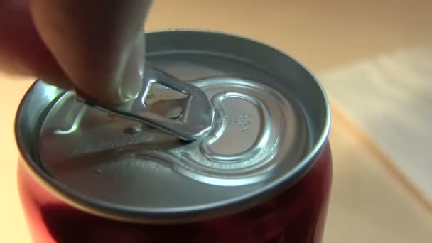 Man Opens The Red Iron Banks With Fizzy Cold Soda — Stock Video