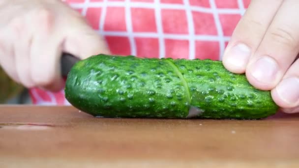 Concombre tranché à la main dans une salade végétalienne — Video