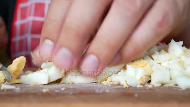 Corte de ovo cozido na placa de corte com faca de perto — Vídeo de Stock