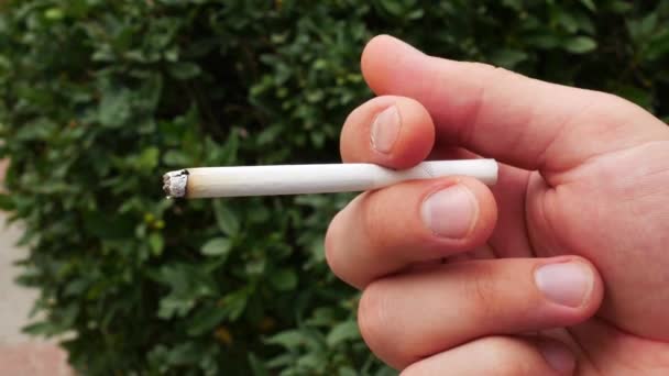 Επανδρώνει το χέρι κρατά ένα τσιγάρο κάπνισμα λευκό — Αρχείο Βίντεο