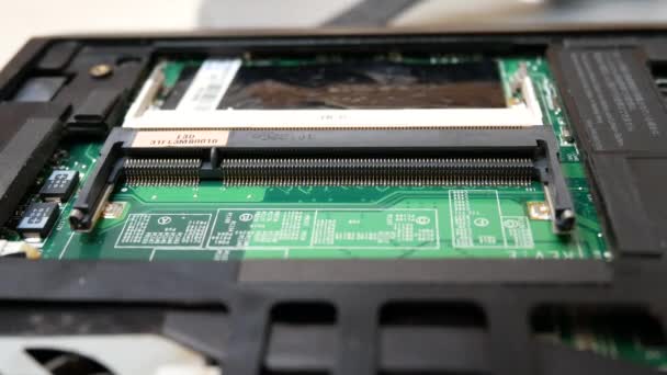 Hand installera ram DIMM-minnet i anteckningsboken — Stockvideo